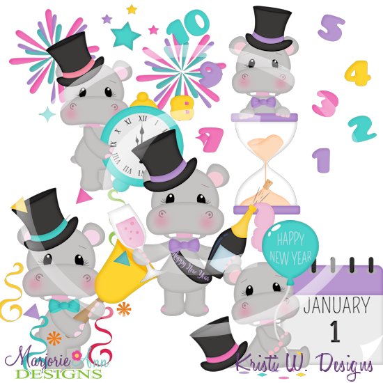 Happy Hippo New Year SVG Cutting Files Includes Clipart - Click Image to Close